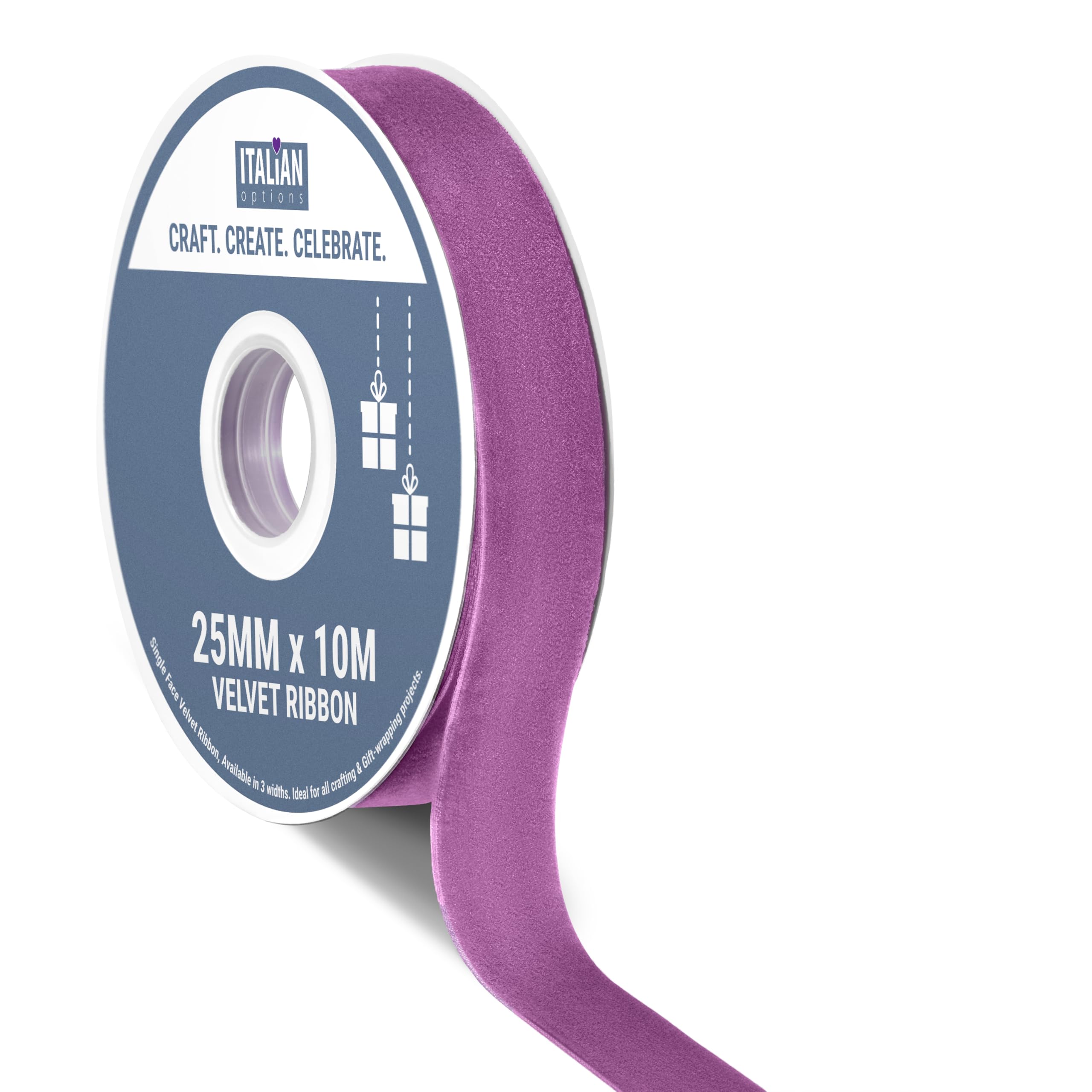 Italian Options Velvet Ribbon, Luxury, Single-Face Velvet Ribbon for Crafting, Christmas, Bows, Hair, Cakes, Weddings, Ornaments, Gift Wrapping, Flowers, 25mm 10 Metre Roll, Amethyst