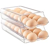 Vtopmart 2 Pack Egg Holder for Fridge, Automatic Rolling Egg Container | Stackable Clear 14-Count Eggs Organizer with Removable Inner Tray, Egg Storage for Refrigerator, Space Saving