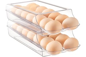 Vtopmart Clear Plastic Egg Holder for Fridge, Automatic Rolling Egg Container for Refrigerator, Stackable 14-Count Eggs Organizer with Removable Inner Tray, Fridge Organizers and Storage, 2Pack