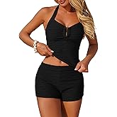 ZAFUL Bathing Suit for Women Tummy Control Ruched Stripe Modest 2 Piece Halter Tankini Swimsuit Swimwear