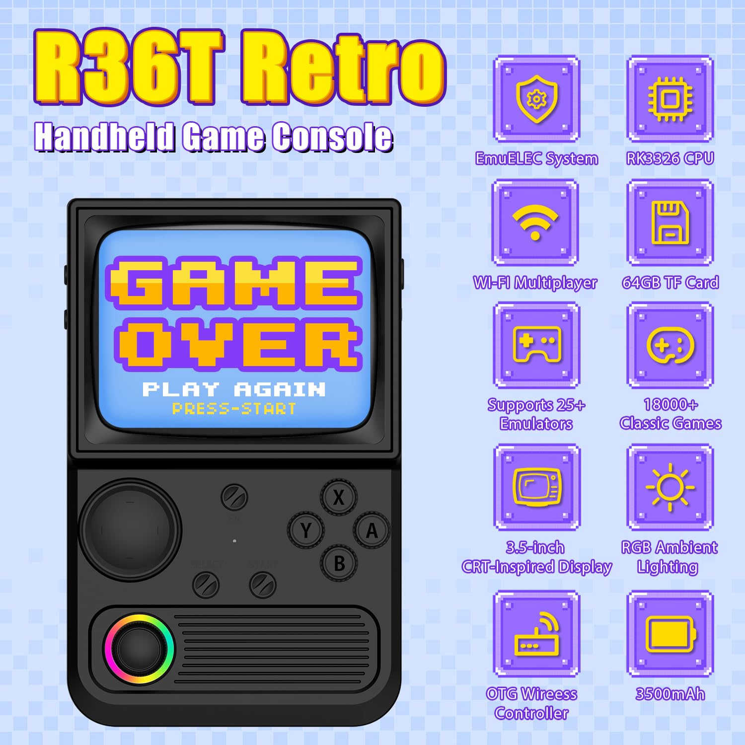 R36T Retro Gaming Console, 3.5'' IPS Screen CRT-Inspired, Handheld Game Console with 18000+ Classic Games Supports WiFi Networked Fighting and OTG, 3500mAh Battery, with Portable Case(Black 64GB)