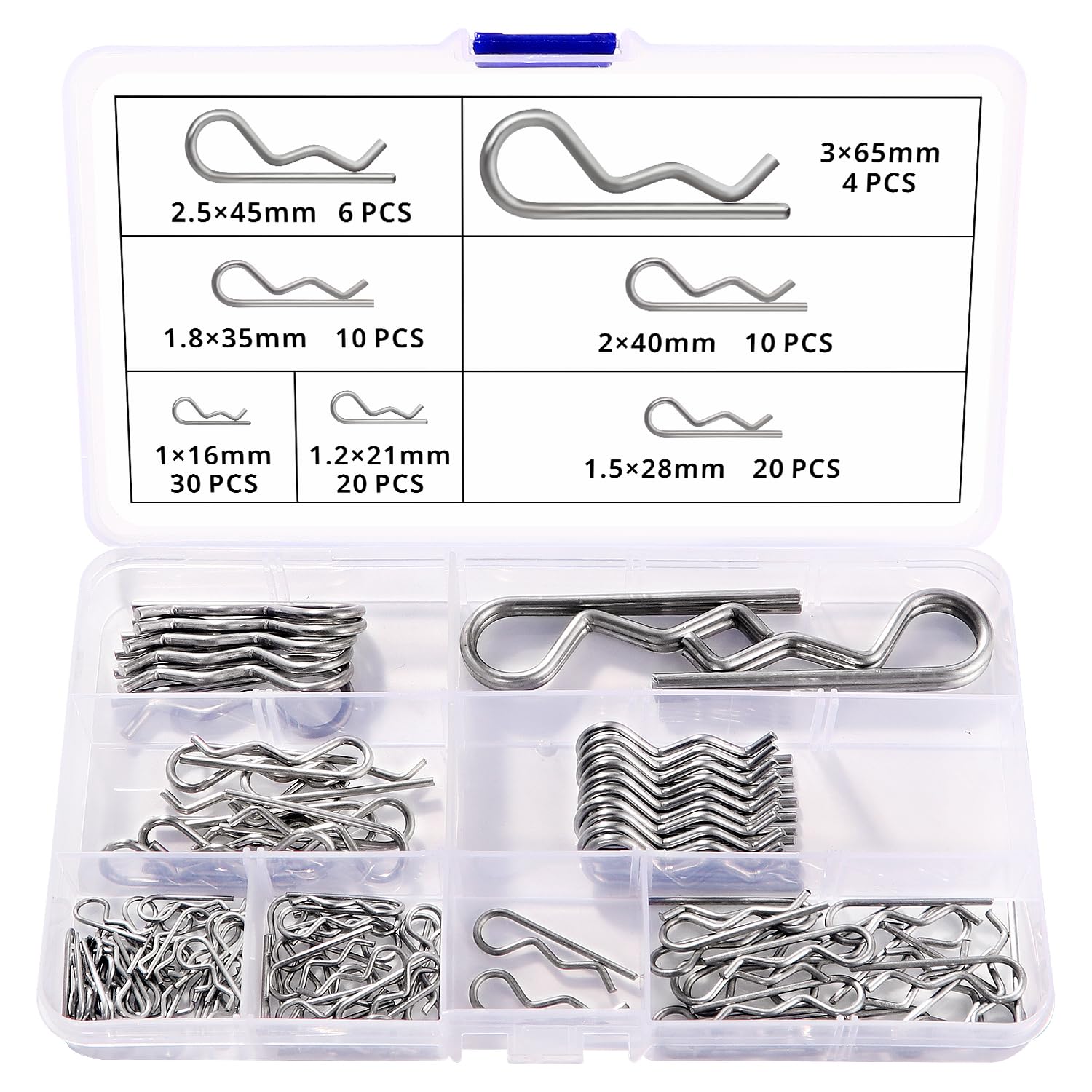 VooGenzek 100 PCS 7 Sizes Stainless Steel Cotter Pin Kit, R Clips Retaining Pins, Hitch Pin Assortment, for Automotive, Mechanics, Car Garage, Workshop