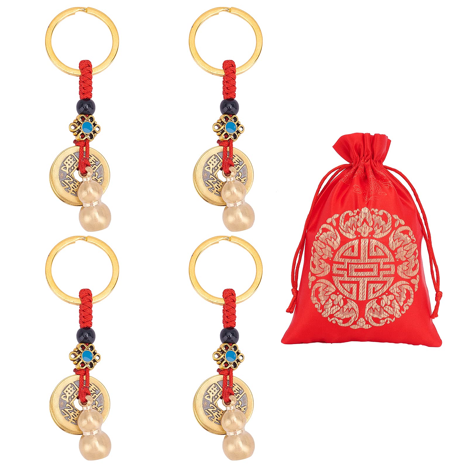 NBEADS 4 pcs Feng Shui Money Keychains, Wu Lou Gourd Keychains with Chinese Feng Shui Pendants with Gourd Five Emperor Money and 1 Pc Red Blessing Bag for Longevity Wealth and Success