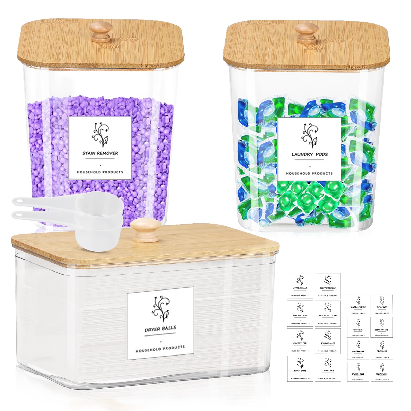 Domigard Laundry Storage Container Jar with Wood Lid, 3pcs Transparent Plastic Jars for Laundry Detergent Storage, High-Capacity Washing Powder Storage Container with 2 Scoops 16pcs Labels for Home(B)