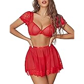 Avidlove Lingerie Sets for Women Sexy Mesh Top Lingerie Skirts 3 Piece Lace Babydoll Dress S-XXL
