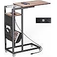 Colima C Shaped Slide Cover End Table with Charging Station, Sofa Side Table with USB Port and Wheels, Couch Table Bedside Table with Storage Bags Brown