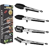 4in1 Stainless Steel Kitchen Food Tongs Set for Cooking with Silicone Tips, Toaster Steak Pie Pizza Pasta Spaghetti Noodles S