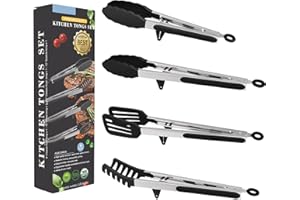 4in1 Stainless Steel Kitchen Food Tongs Set for Cooking with Silicone Tips, Toaster Steak Pie Pizza Pasta Spaghetti Noodles S