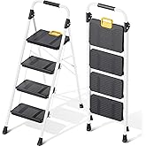 KINGRACK 4 Step Ladder, Folding Step Ladders for Home, 800lb Capacity,White | Step-ladder with Safety Lock Non-Skid Wide Pedals, and Handrail, Lightweight, Household Ladder for Home , Kitchen, Office