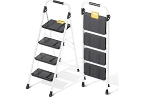 KINGRACK 4 Step Folding Ladder, 800lbs Capacity Step Stool with Safety Lock, Non-Skid Wide Pedals, and Handrail, Lightweight, Household Ladder for Home, Kitchen, Pantry, Closets, and Office Use, White