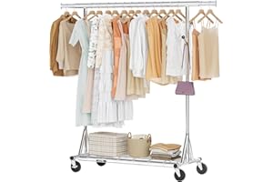 Hoctieon 1-Minute Assembly Clothes Rack, 480 lbs Heavy Duty Rolling Clothing Racks with Wheels, Foldable Garment Rack, Extendable Hanging Bar, Adjustable Metal Pole with Hooks, Chrome
