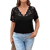 OYOANGLE Women's Plus Size Summer Lace Scallop V Neck Short Sleeve Blouse Shirt Tops