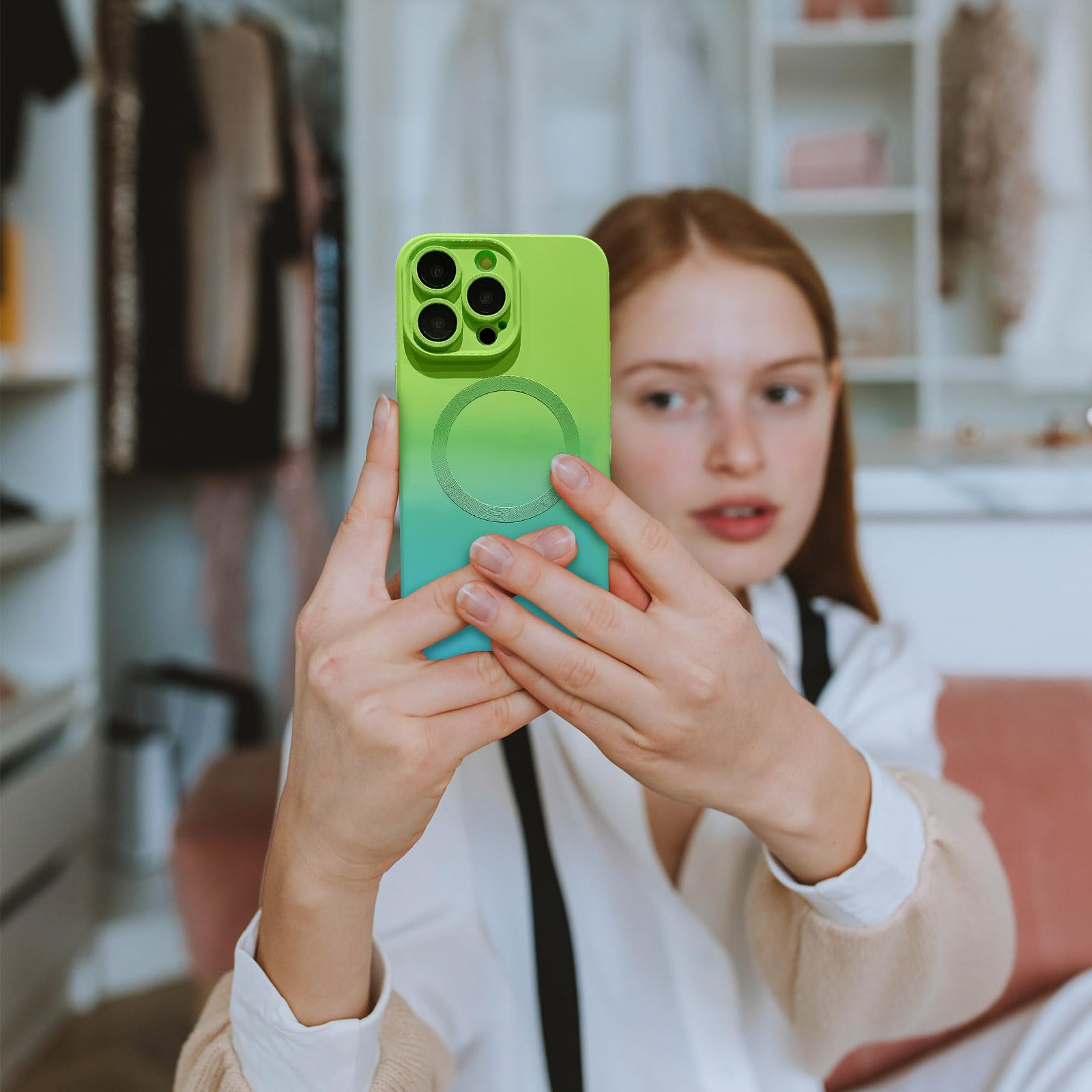 Photo 1 of Cute Gradient Color Case Compatible with iPhone 13 Pro Max Case, Compatible with MagSafe for Women Girls Soft TPU Shockproof Camera Protective Back Cover(Green&Blue)