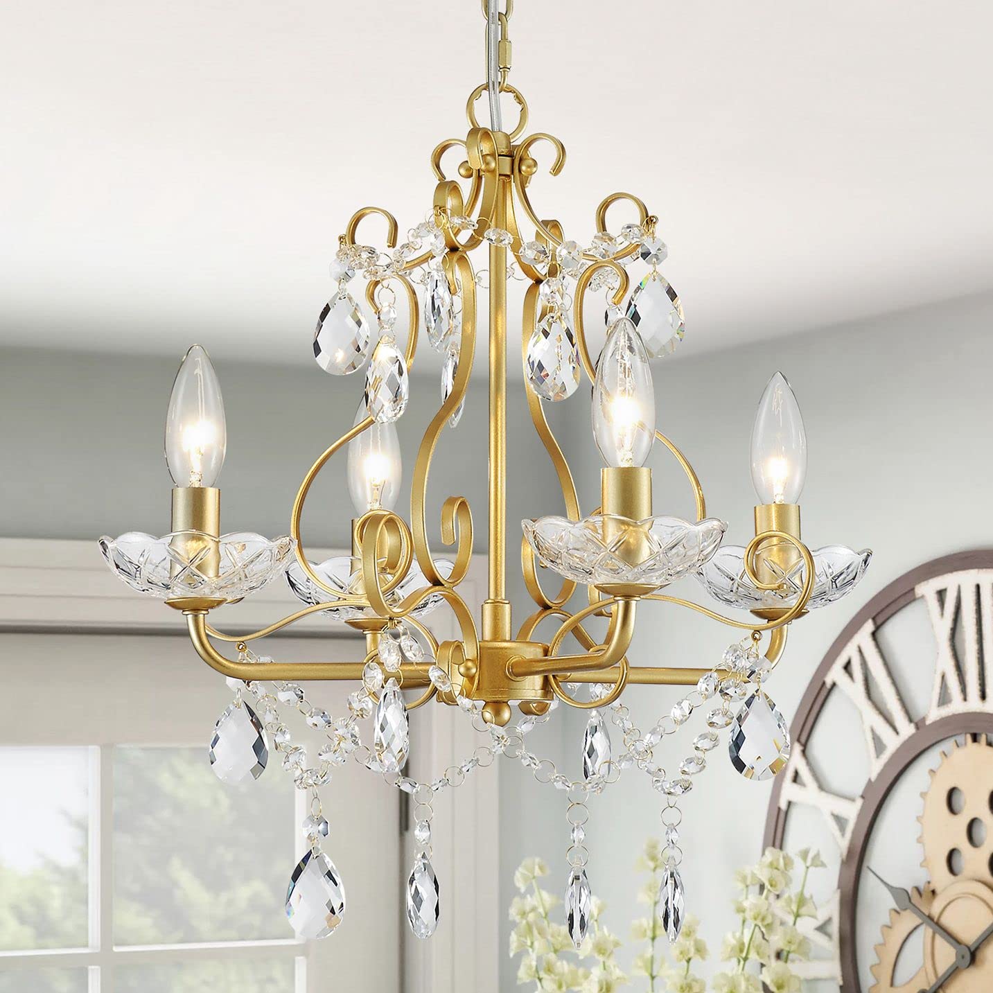 Photo 1 of WUZUPS Crystal Candle Chandelier Pendant Flushmount Ceiling Light Modern Lighting Fixture for Bedroom Hallway Bar Kitchen Bathroom, H 14" x W 16", Gold, E12 Base