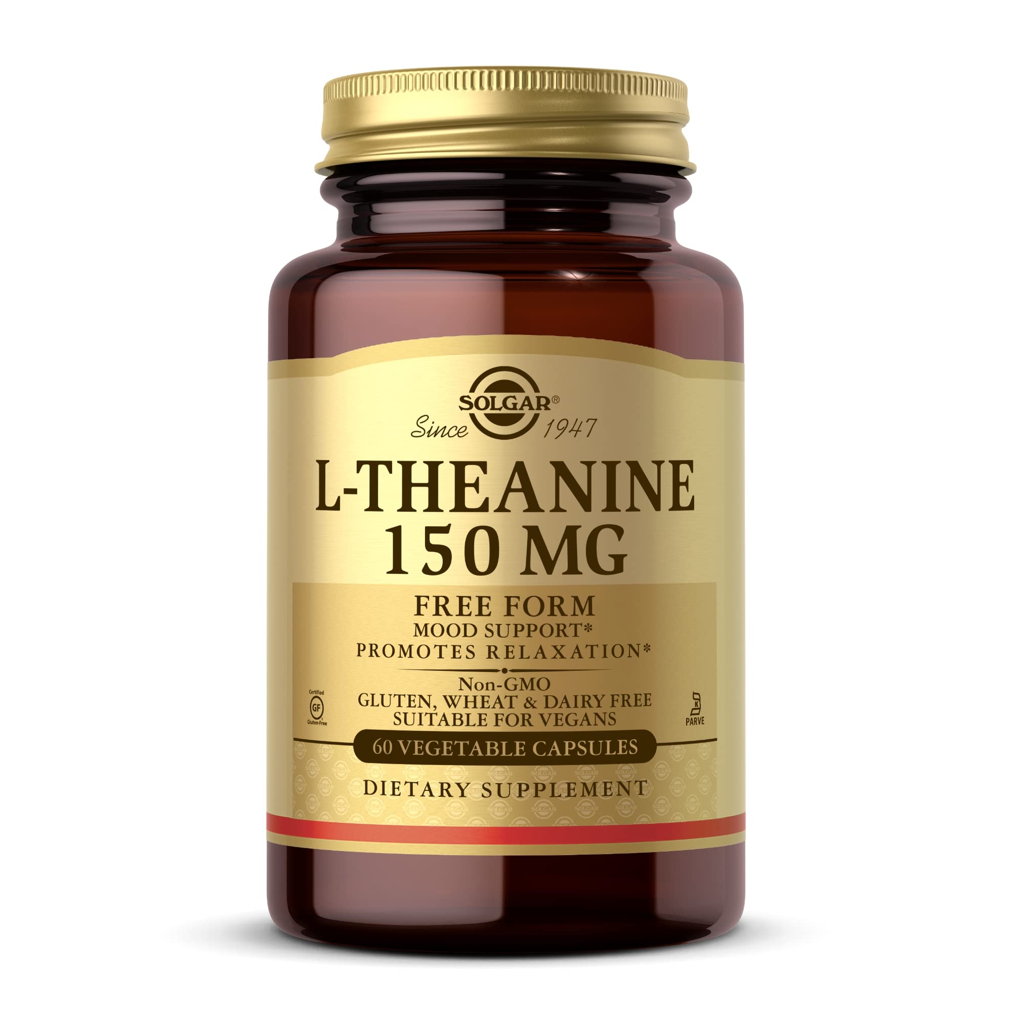 Solgar L-Theanine 150 mg Vegetable Capsules - Pack of 60 - Stress and Anxiety Support - Improve Mental Function - Vegan and Gluten Free, Gold