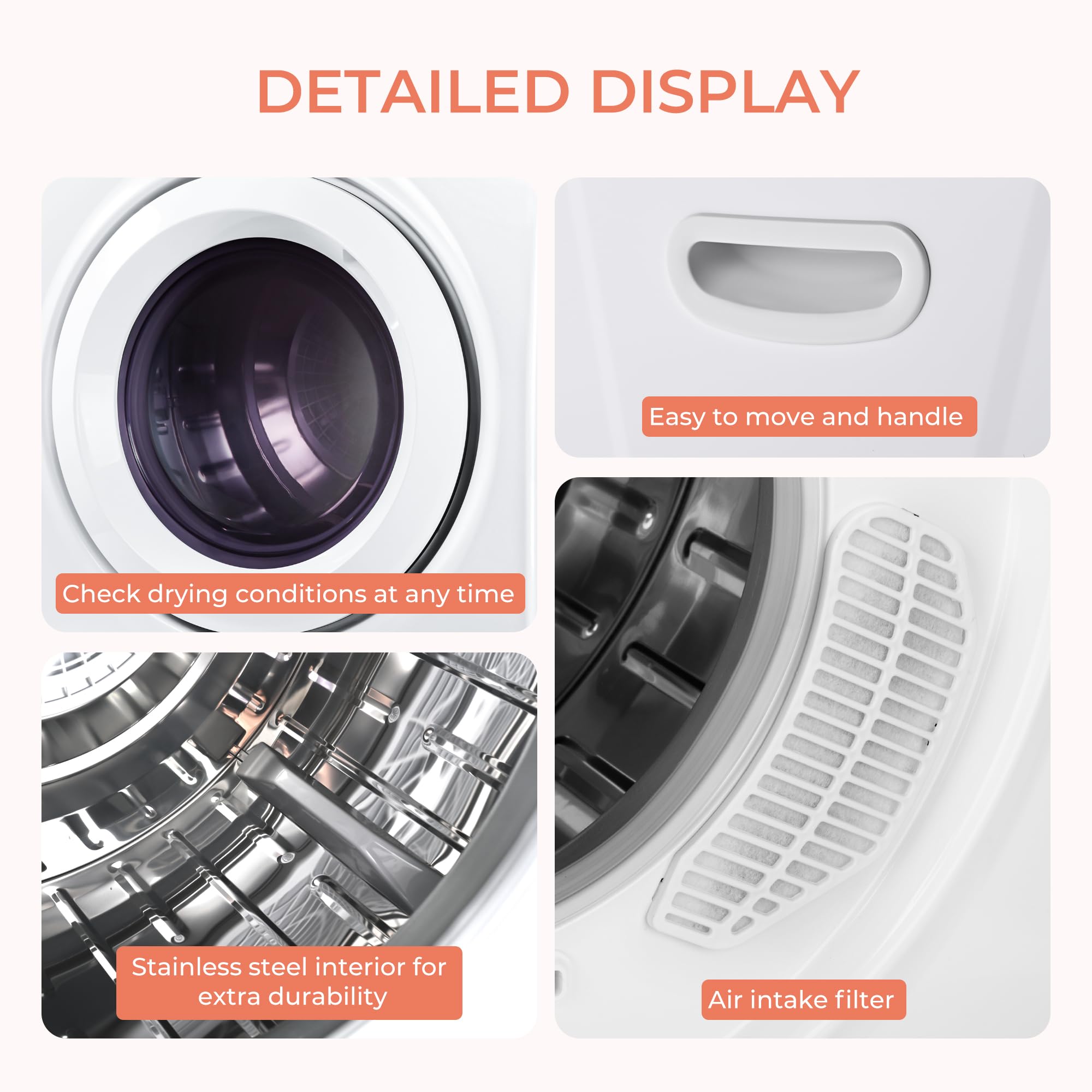 Euhomy Portable Dryer with Exhaust Hose, Four Drying Functions, Dries Up to 9 lbs of Clothes, 1400w Mini Dryer with Stainless Steel Liner, Suitable for Apartments, RVs, Gym