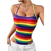 RoseSeek Women's Rainbow Striped Bodysuits Shirts Tie Backless Halter Top Sleeveless Pride Shirt