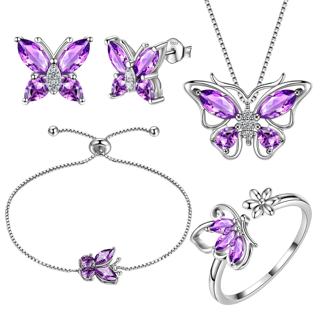 Aurora Tears Butterfly Necklace/Earrings/Rings/Bracelets Set 925 Sterling Sliver February Birthstone Purple Amethyst Jewelry Set Animals Jewelry Gift for Women and Girls DS0070F