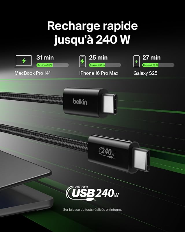 Pack de 2 Câbles USB-C vers USB-C avec gaine tressée (1,5 m, 240 W, doux au toucher, souple, recharge rapide, pour iPhone 17 et iPhone 16, Galaxy S25, Pixel 10, iPad Pro, etc., noir)