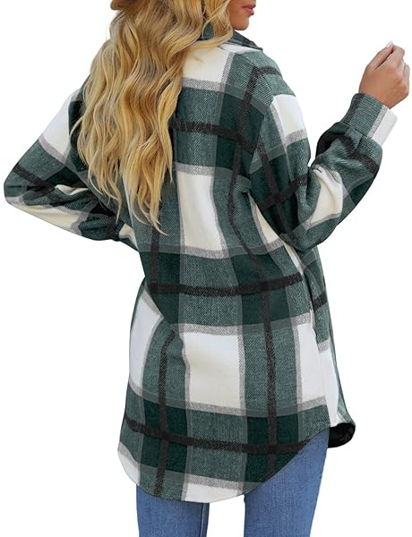 REACHME WOMENS OVERSIZED PLAID SHACKET WITH POCKETS BUTTON DOWN FLANNEL JACKET BRUSHED WOOL BLEND COATS(B-GREEN,XL)