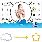CSFOTO Nautical Theme Baby Monthly Milestone Blanket Ocean Whale Sailing Boat Print Newborn Growth Record Photo Shoot Background Prop Blanket, 60"x40" with Frame