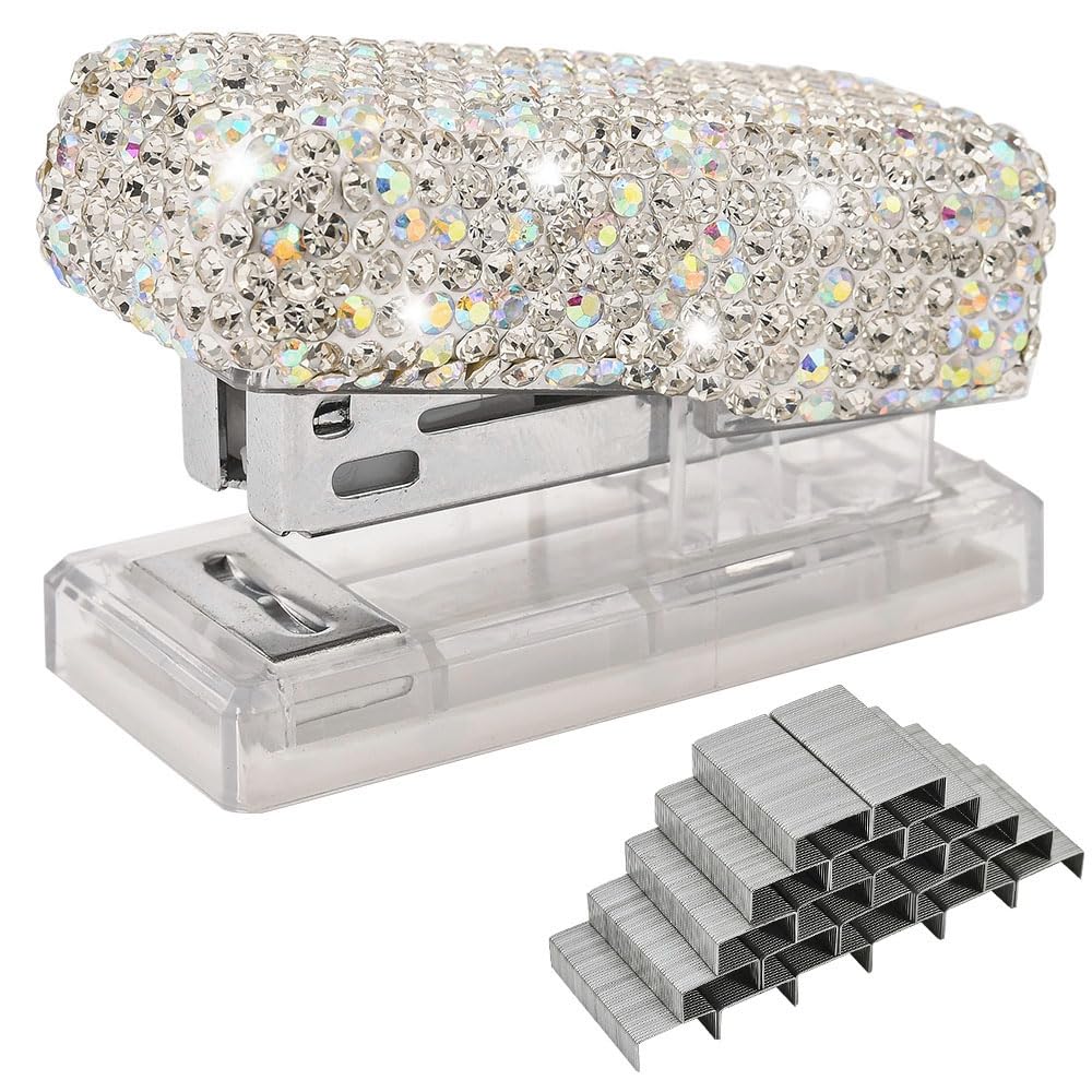 JSCARLIFE Bling Crystal Stapler,Sparkly Diamond Stapler for Desk Handmade Clay Rhinestone Machine Cute Stapler Pretty Office Stationery Kit for Girl Women Lady Christmas (Silver)
