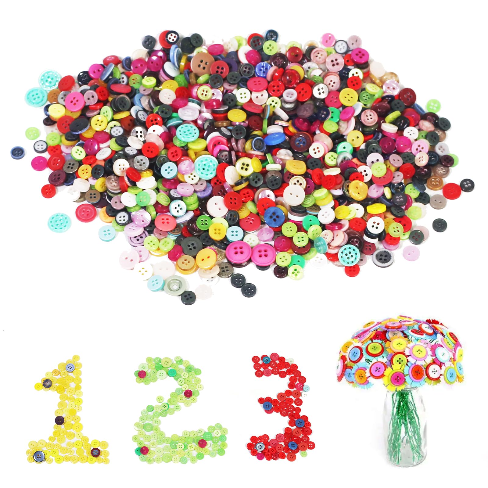 MOSTFUN 1200 Pcs Mixed Colorful Craft Buttons - 2/4 Holes Round Resin Buttons for Crafting, Sewing, DIY Projects, Gifts & Decoration (9-14mm)