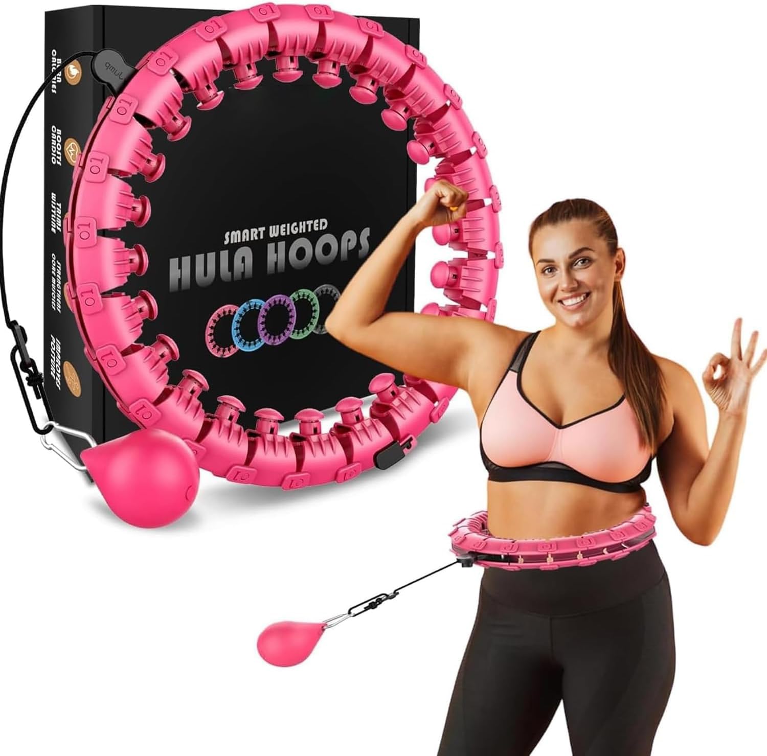Active 100 Smart Hula Ring Hoops, Weighted Hula Circle 24 Detachable Fitness Ring with 360 Degree Auto-Spinning Ball Gymnastics, Massage, Adult Fitness for Weight Loss (Hot Pink)