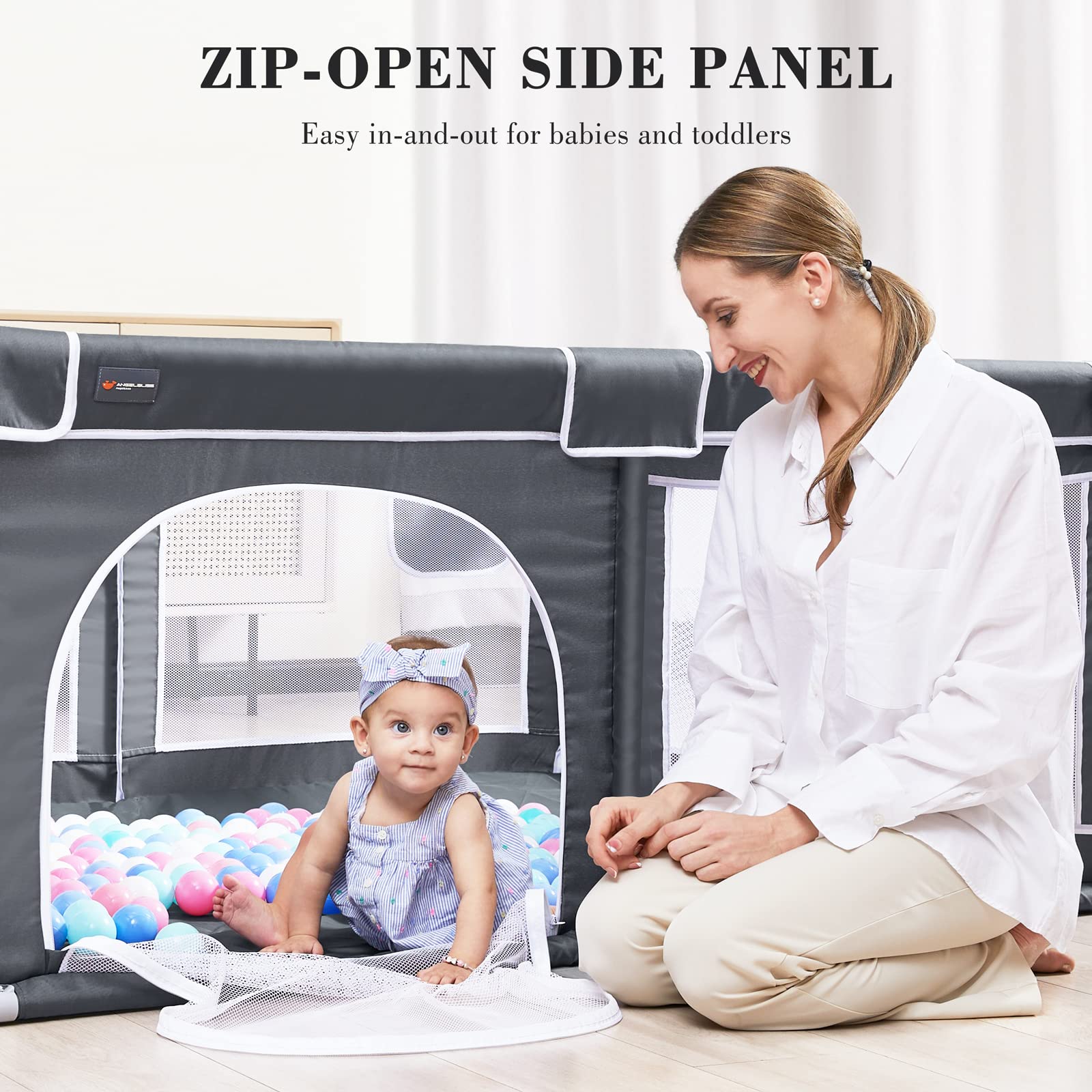 ANGELBLISS Baby Playpen, Large Playpen, Indoor&Outdoor,Sturdy Safety Play Yard with Super Soft Breathable Mesh,Kid's Fence for Toddlers(Dark Grey,63”x47”)
