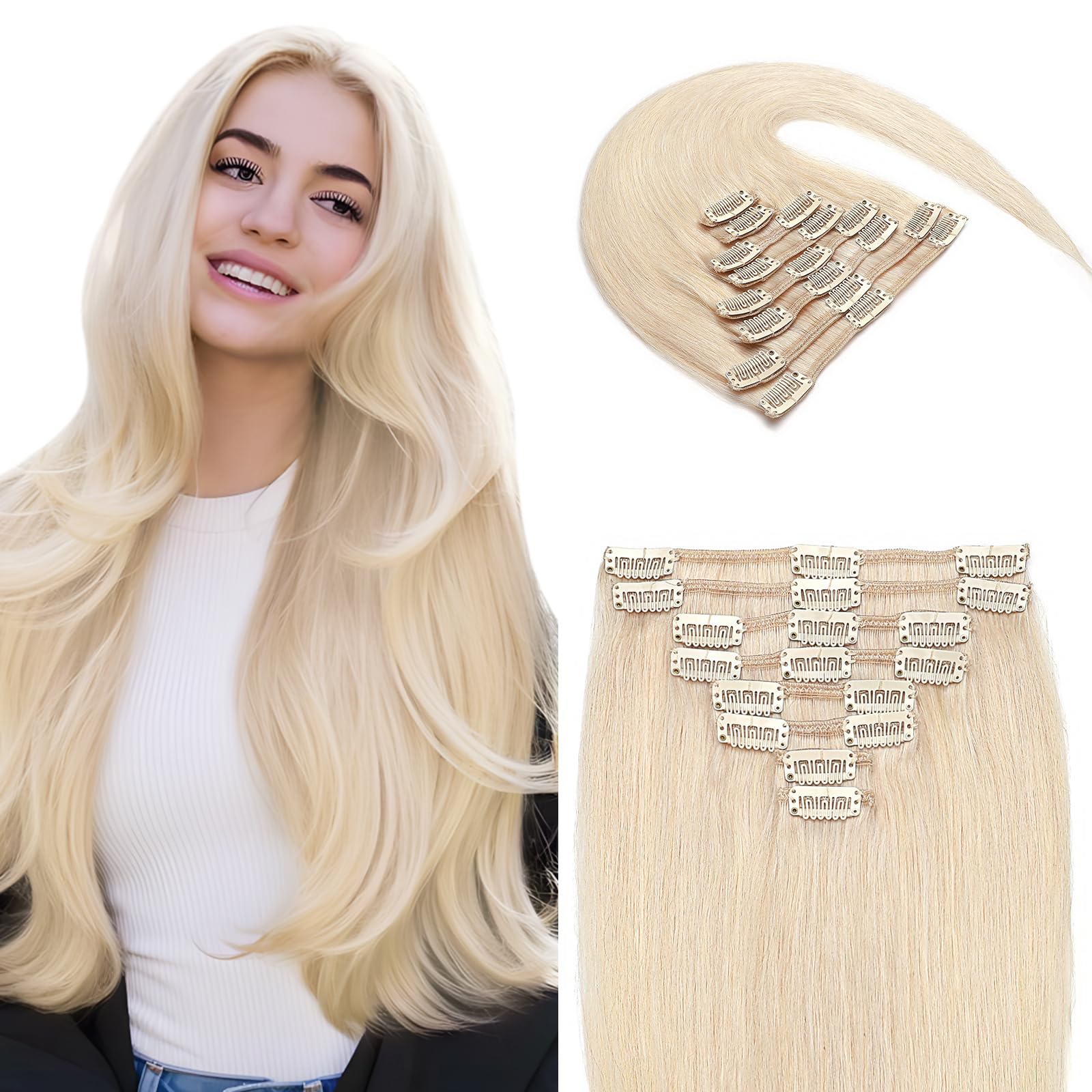 Elailite Clip in Hair Extension Human Hair Blond Real Remy Hair Full Head Standard Weft - 8 Pieces Straight Short Hair (10"-75g, #70 Bleach White)
