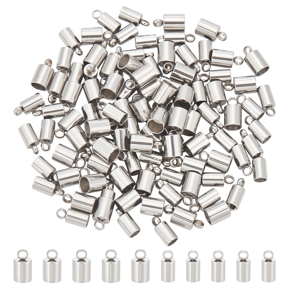UNICRAFTALE 100pcs 2 Sizes 3mm/4mm Barrel Cord Ends Stainless Steel End Caps Terminators End Tip Leather Cord Ends Bead Caps for Leather Cord Bracelets Jewelry Making