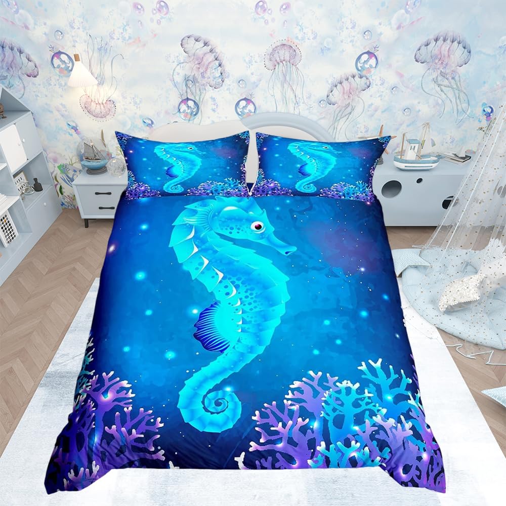Youth Seahorse Print Duvet Cover Kids Ocean Creature Themed Comforter Cover for Boys Girls Marine Sealife Bedding Set Teens Sea Underwater World Blue Hippocampus Decor Bedspread Cover Single Size