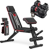 Rendpas Adjustable Dumbbell Set with Workout Bench Foldable | 1-Second Dial Adjust, Knurled Steel Handle, 900lb Rated Bench