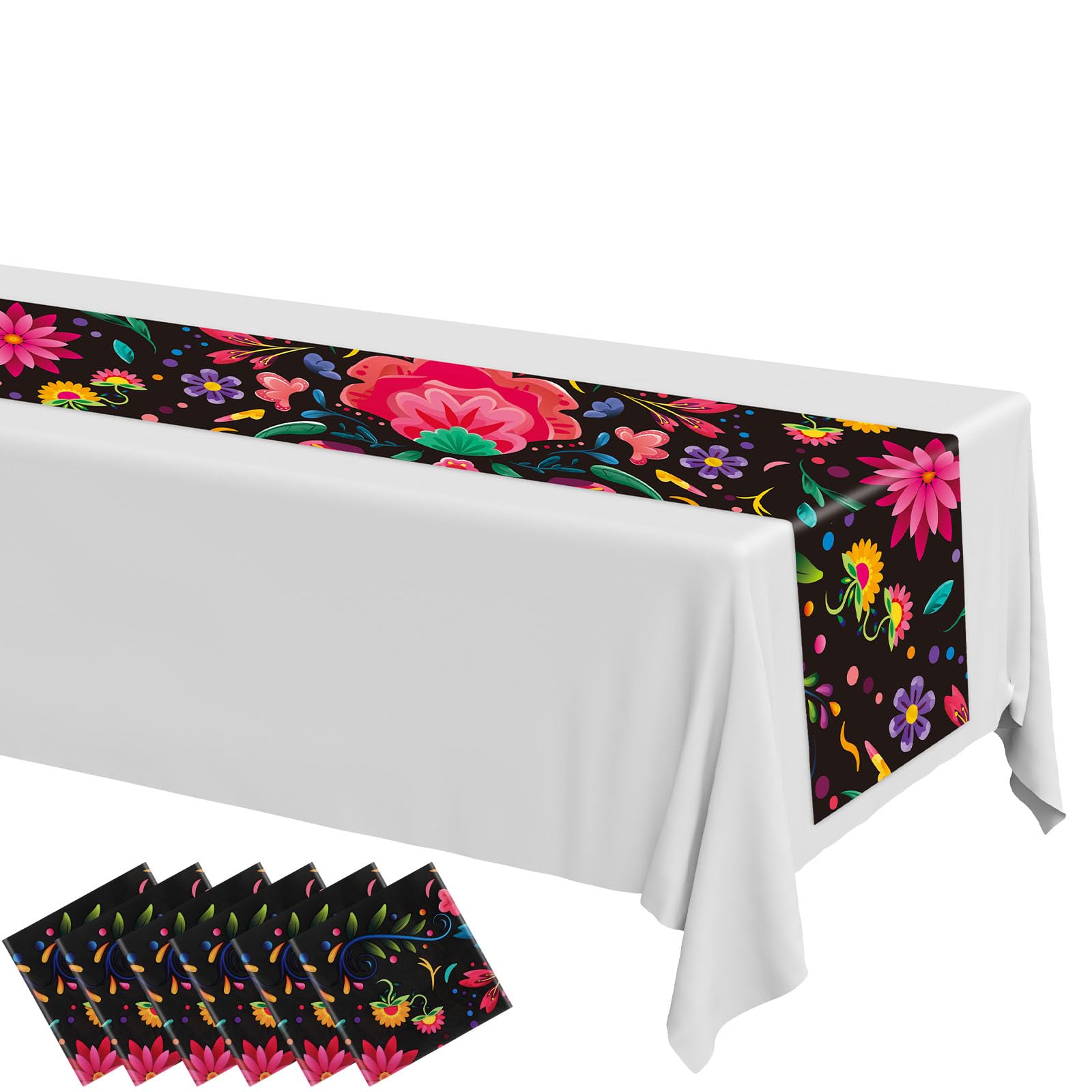 Photo 1 of (only runner) Tingjoo 6 Pcs Plastic Mexican Fiesta Table Runner 14 x 108 Mexican Waterproof Tablecloth