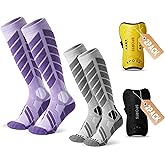 FurlameKoat Ski Socks Sets, 2 Pairs Merino Wool Ski Socks + Shin Guards,Thermal Warm Thick Knee High Long Stocking, Thick Knee High Stocking for Skiing, Cycling, Hiking and Snowboarding Outdoor sport