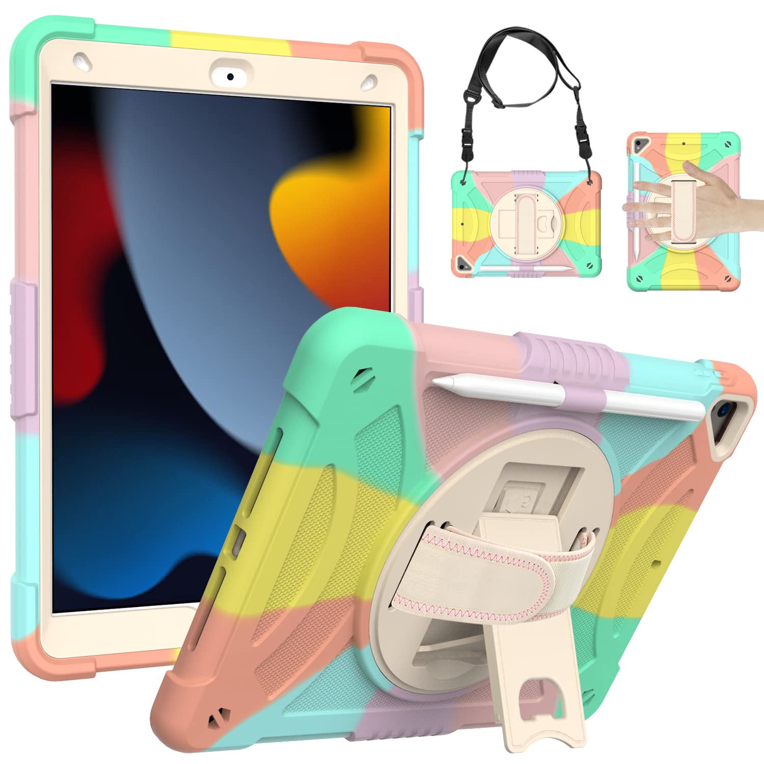 iPad 9th 10.2(2021) Generation Case with Screen Protector Pen Holder Rotating Stand Hand/Shoulder Strap Durable Full Body Protective Case for iPad Colorful