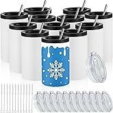 Uiifan 12 Set White Sublimation Can Cooler 12 oz Can Cooler Bulk Customizable Stainless Steel Double Wall Insulated Blank Tumblers with Lids and Straws and Lid Brush for Beer Beverages Party Gifts