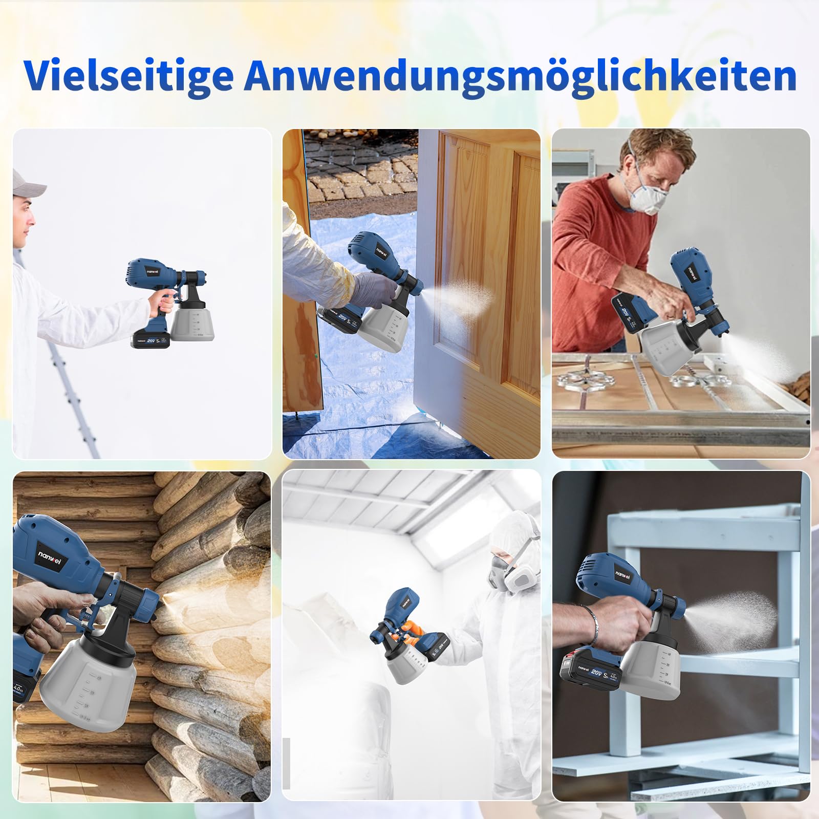 NANWEI Akku-Farbspritzgerät, kompatibel mit Makita 18-V-Akku, Spritzpistole mit 1200-ml-Behälter, Zaun-Farbspritzgerät mit 4 Düsen und 3 Sprühmustern (Mit Akku und Ladegerät) 7
