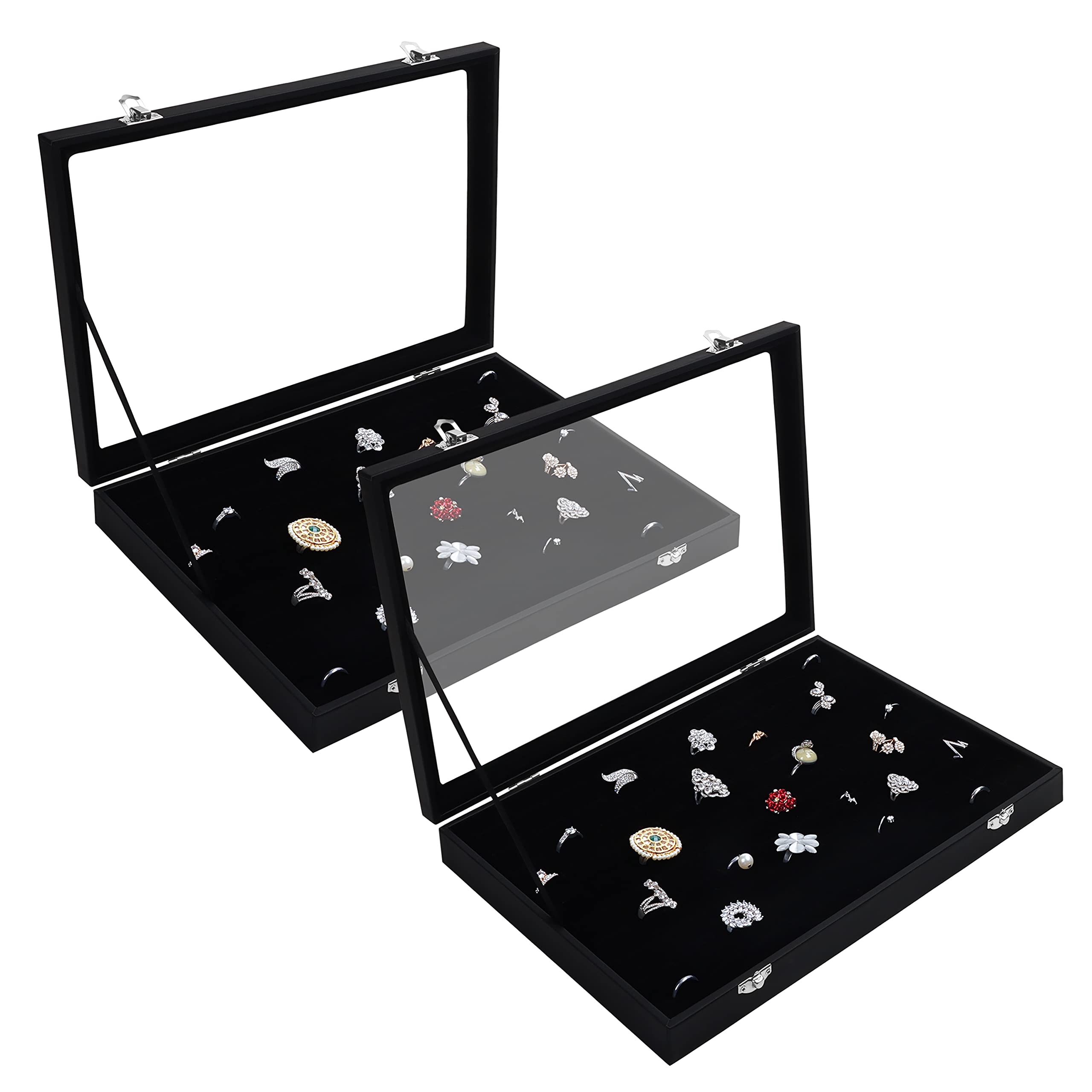Kurtzy Black Velvet Ring Jewellery Storage Display Box Trays with 100 Slots and Lid (2 Pack) - Showcase Organiser Case Holder with Clear Transparent Glass Lid for Rings, Earrings and Cufflinks