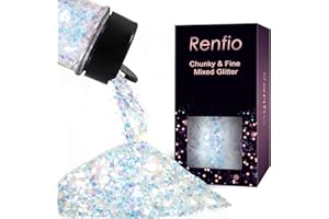 Renfio Opal Chunky Glitter, 1.58oz/45g White Glitter, Dreamy High Sparkle Glitter for Crafts Holographic Fine Glitter Mix Iridescent Glitters Flake for Resin Nails Art Hair DIY Snow Globe - Ocean Wave