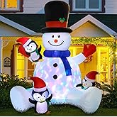 7Ft Christmas Inflatable Seated Snowman with 3 Penguins,Built-in Colorful Rotating RGB LED Lights,Xmas Inflatable Outdoor Decorations for Patio Lawn Yard Garden