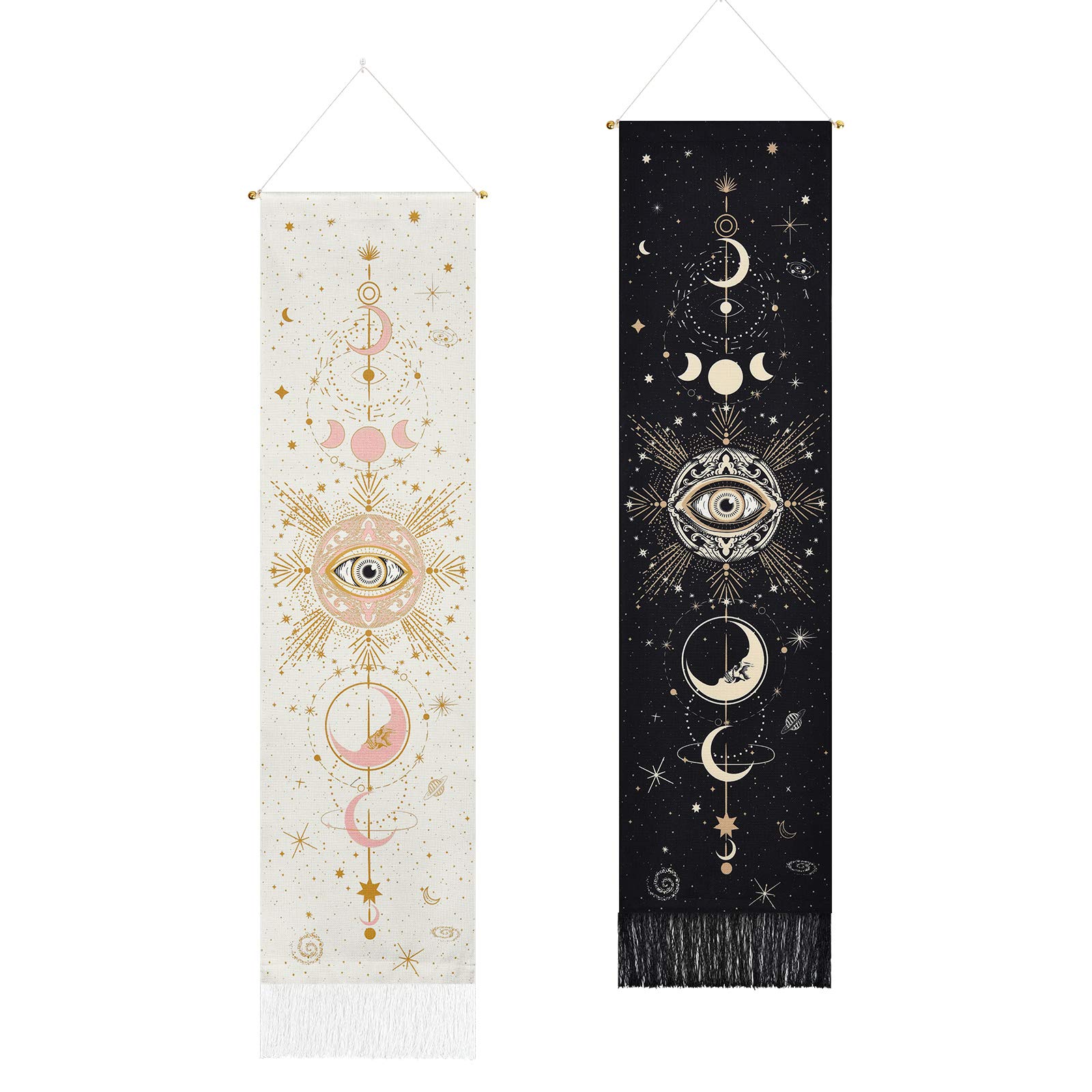 Yugarlibi 2 Pack Sun Moon Tapestry Wall Hangings Black and White Tarot Card Tapestry, Psychedelic Tapestries Cotton Long Wall Art for Bedroom, 130x32.5cm