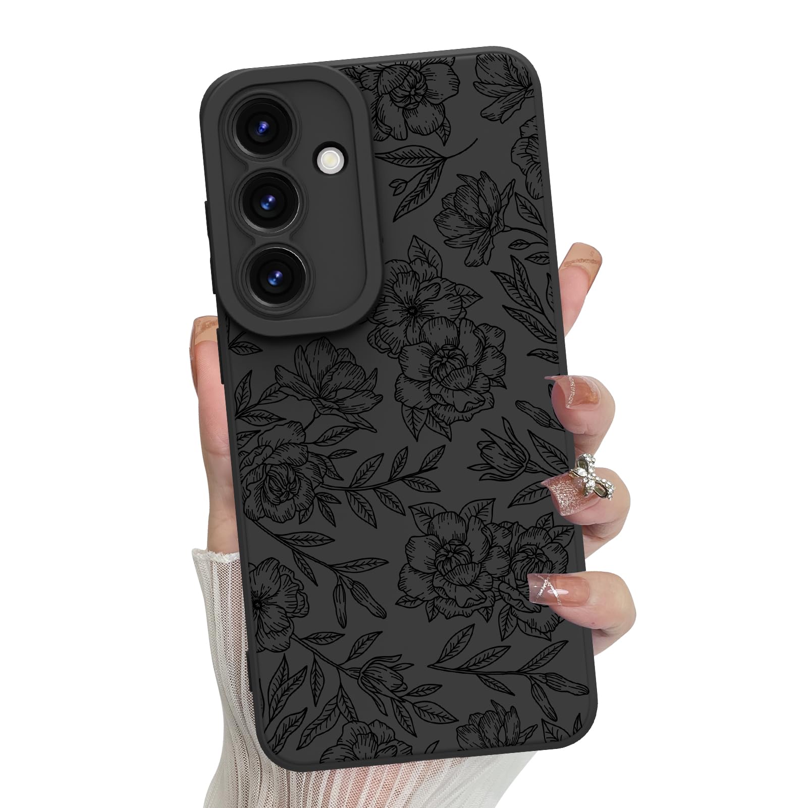 MZELQ for Samsung Galaxy S25 Plus Case, Silicone Floral Flowers Rose Cute Pattern, Camera Protection Soft Slim Phone Case for Girls Women -Black