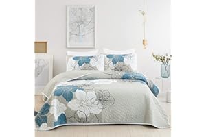 DJY 3 Pieces Quilt Set Queen Floral Pattern Coverlet Elegant Boho Bedspread with 2 Pillow Shams Lightweight Microfiber Bedding All Season (Blue, 90"x96")