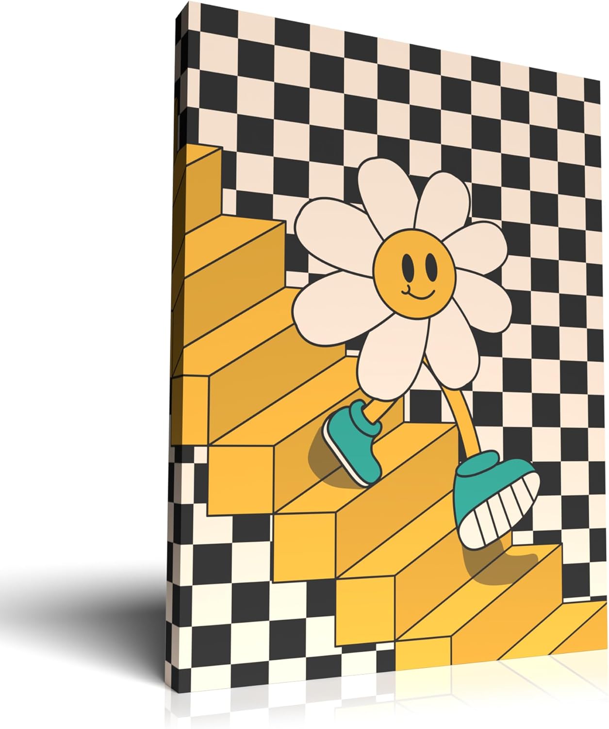 Mixed Media - Funny Walking Flower Wall Art - Retro Cute Design - Framed Canvas Prints - 80s 90s Poster for Room Decor in Dorm, Bedroom, Living Room - 12x16 inches