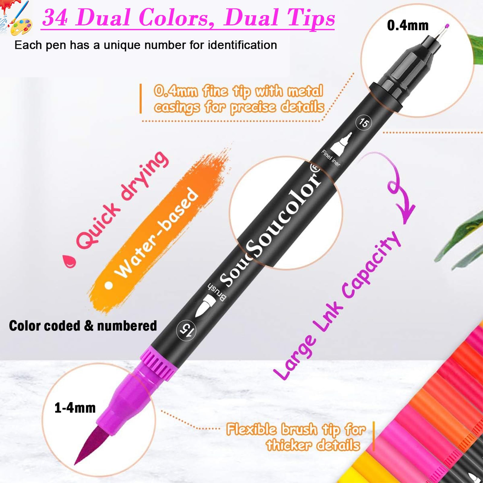 Soucolor Art Brush Markers Pens for Adult Coloring Books, Christmas Gifts Stocking Stuffers for Teen Girls Art Supplies, 34 Colors Numbered Dual Tip (Brush and Fine Point) Drawing Markers for School