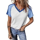HERILIOS Women Summer Color Block Short Sleeve T Shirts Casual V Neck Ribbed Knit Tee Tops