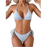 SOLY HUX Women's Bikini Sets Halter Triangle String Textured Swimsuit Tie Side Two Piece Bathing Suit