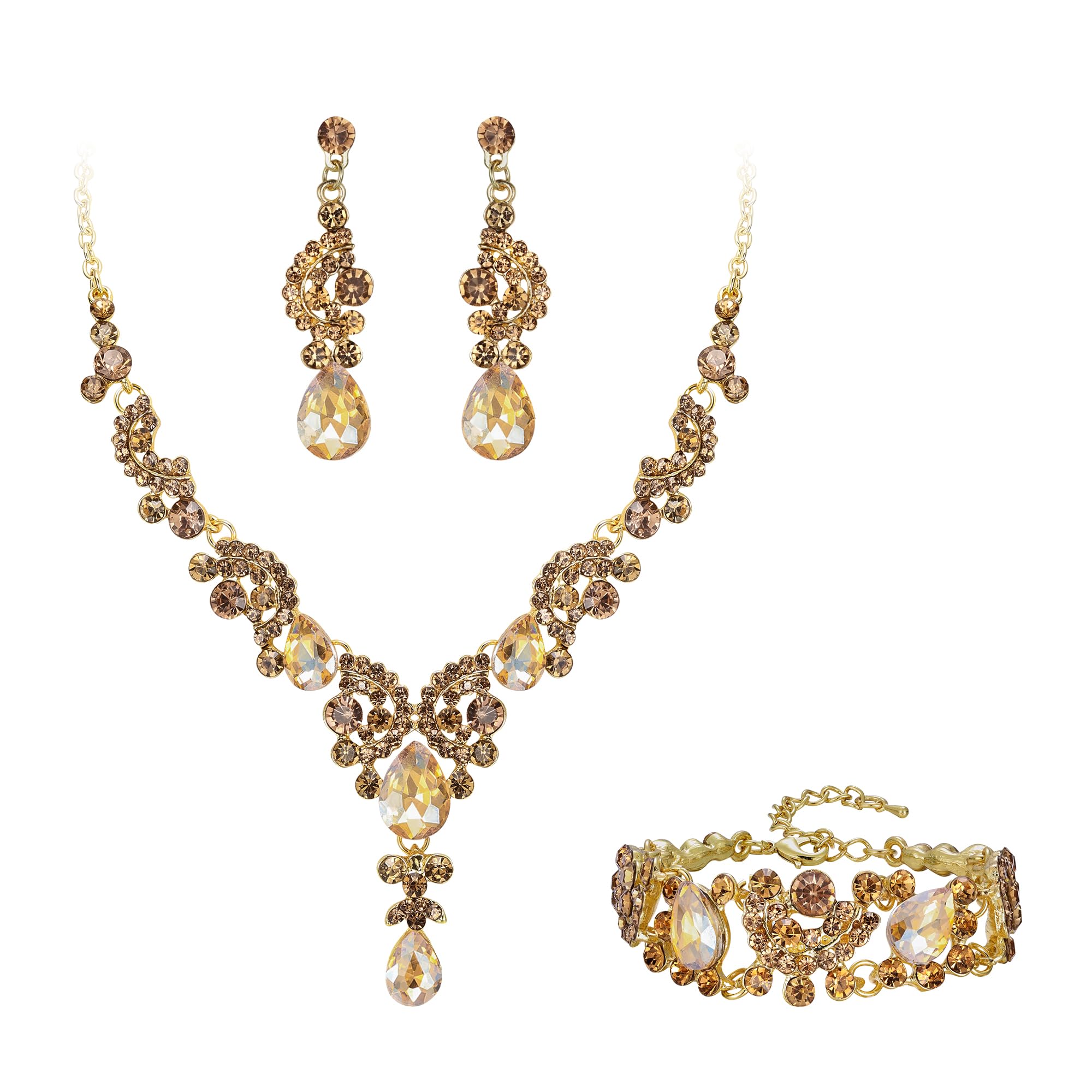 Ever Faith Wedding Jewellery Set for Women, Sparkly Rhinestone Crystal Vintage Floral Teardrop Brides Bridal Necklace Earrings Bracelet Sets Prom Party Costume Jewelry 3 Pcs Brown Gold-Tone