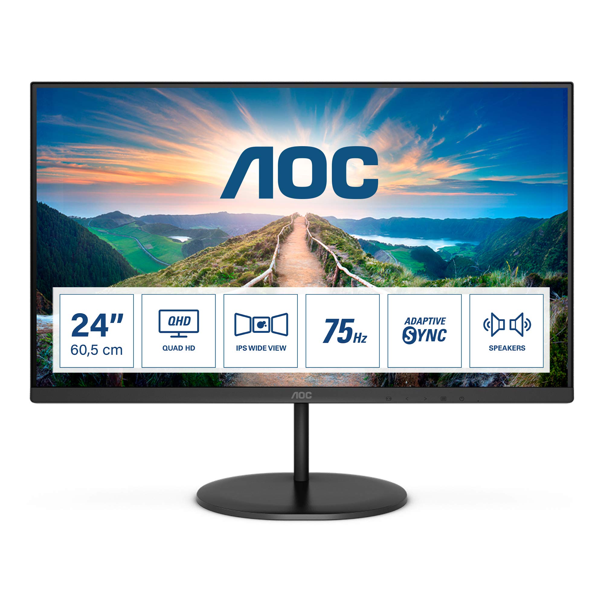AOC Q24V4EA - 24 Inch QHD Monitor, 75Hz, 4ms, IPS, Adaptive Sync, Speakers, FlickerFree (2560x1440 @ 75Hz, 250cd/m², HDMI 1.4 x 1, DisplayPort 1.2 x 1 ), black